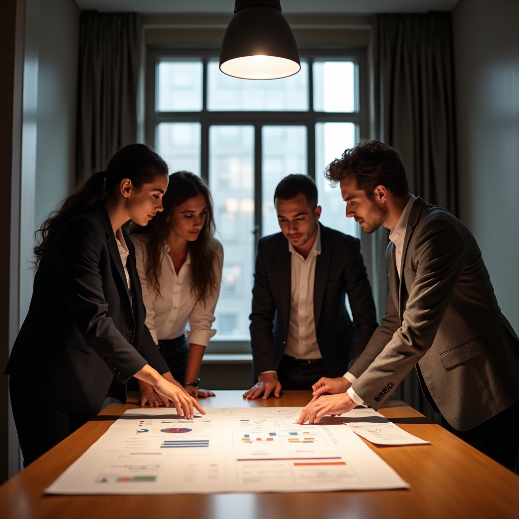 Team members standing around a table planning a cross-functional project together