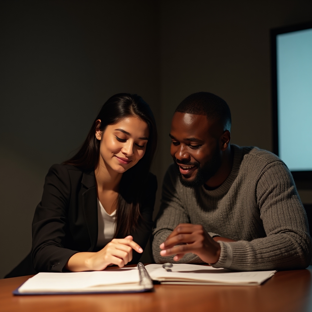 Two colleagues reviewing shared notes together during a team meeting