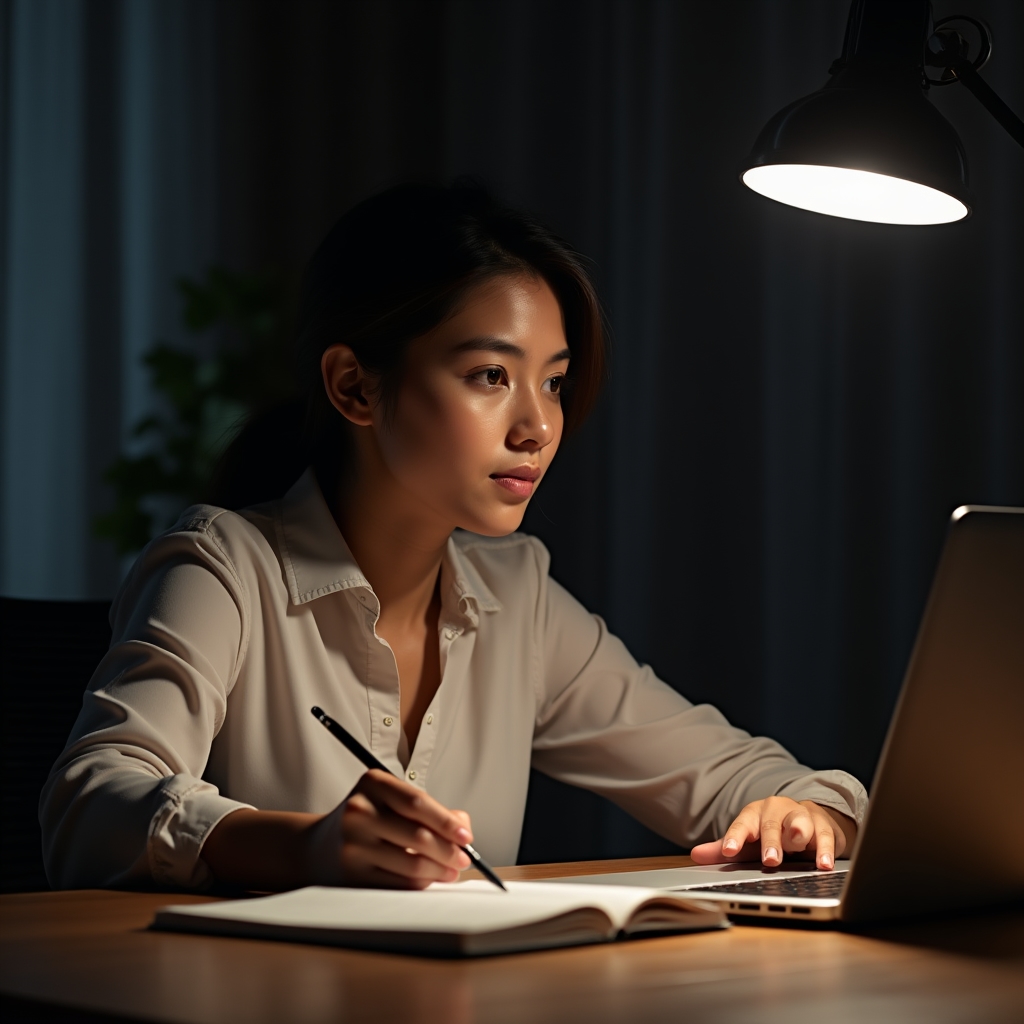 Individual contributor working focused at a desk with a notebook and laptop