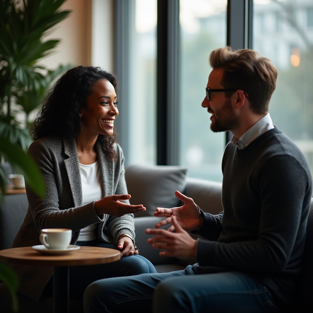 Two professionals having a relaxed conversation over coffee near a window