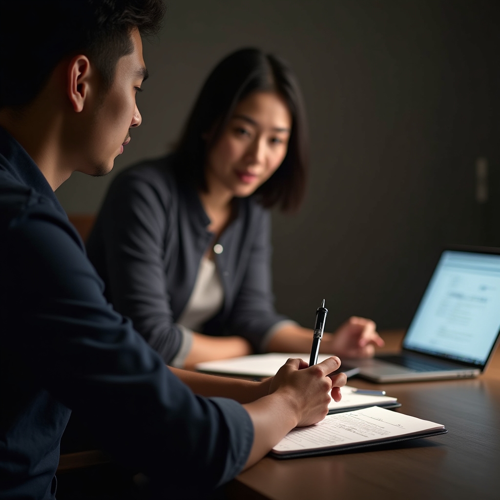 Colleague pointing at handwritten meeting notes while a teammate listens