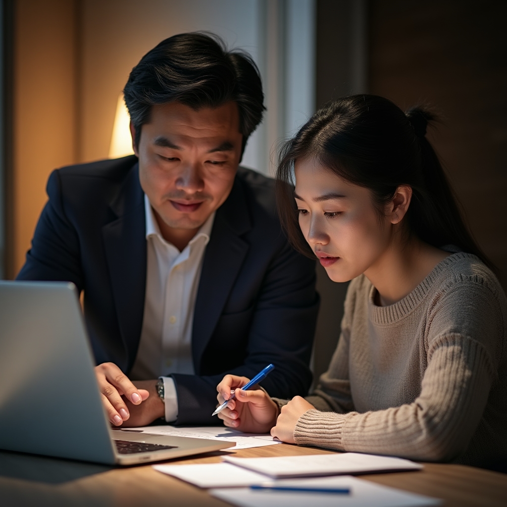 A mentor and a colleague reviewing a document together on a laptop