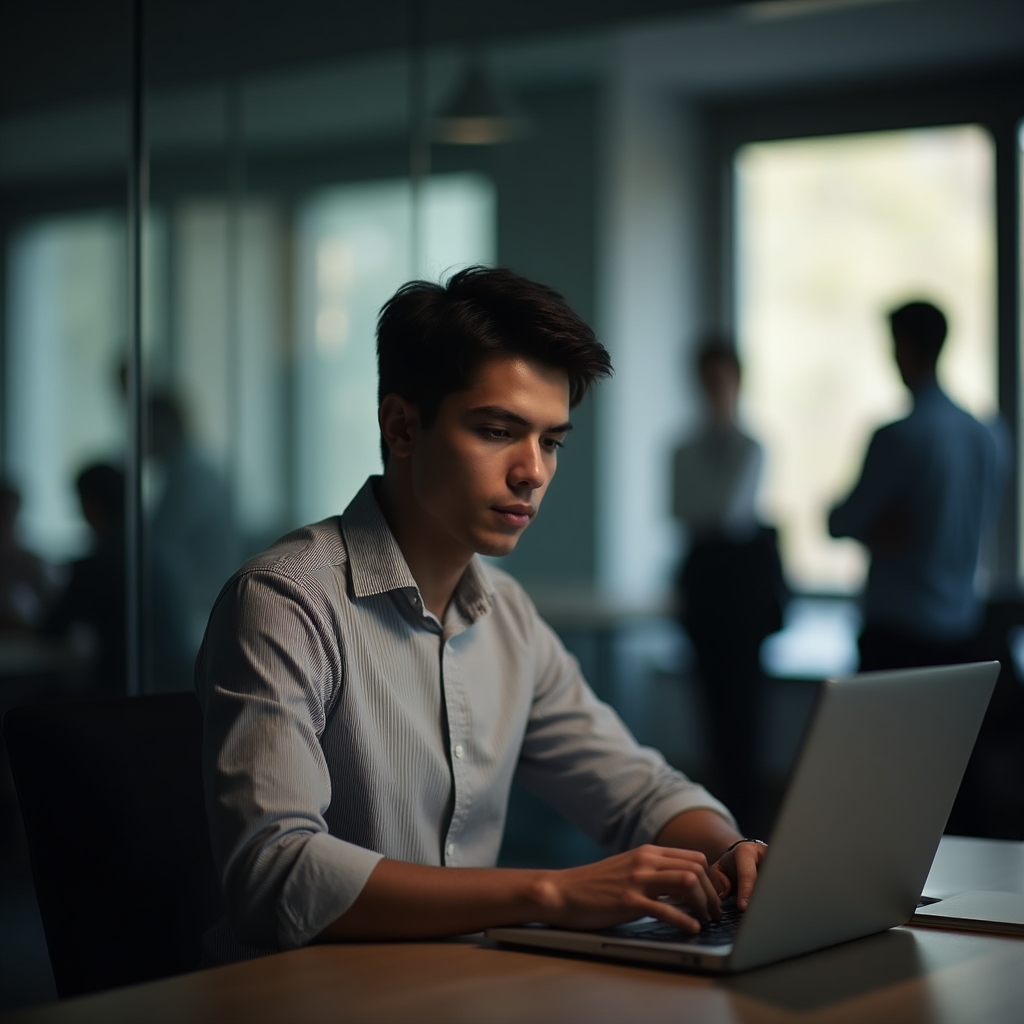 An employee working alone at a desk in a quiet corner of an open office