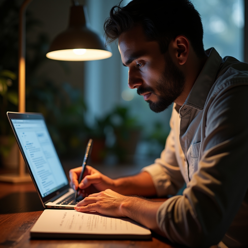 Person writing notes in a notebook next to a laptop showing a document