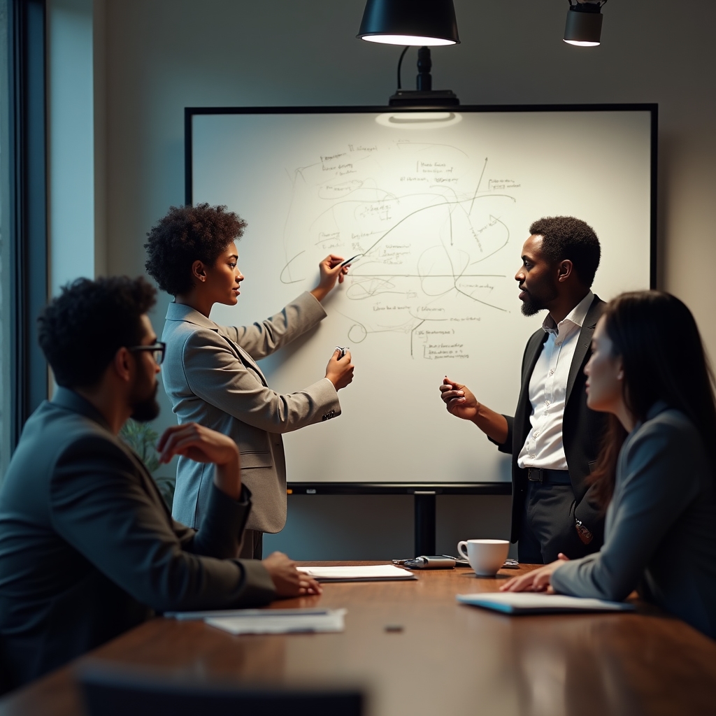 A small group discussing a whiteboard plan in a meeting room