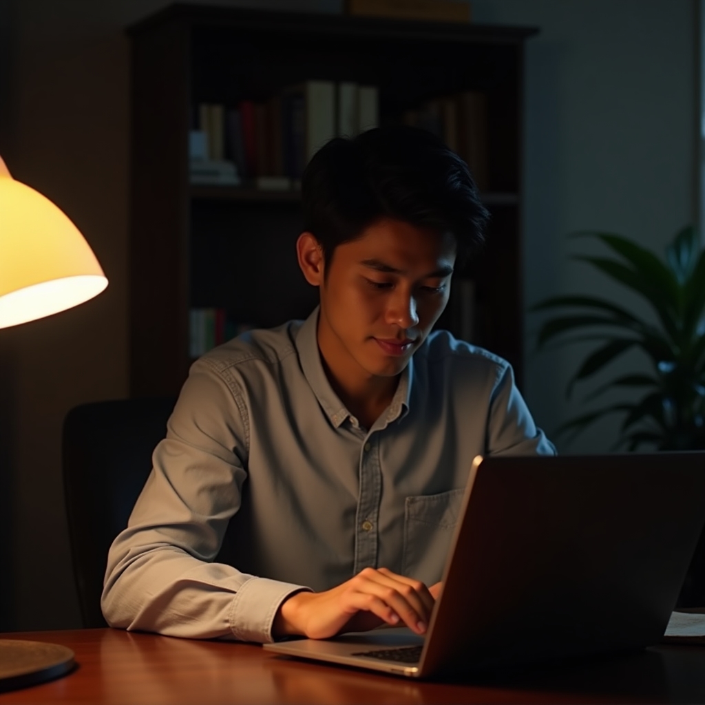 A person typing a status update on a laptop at a wooden desk
