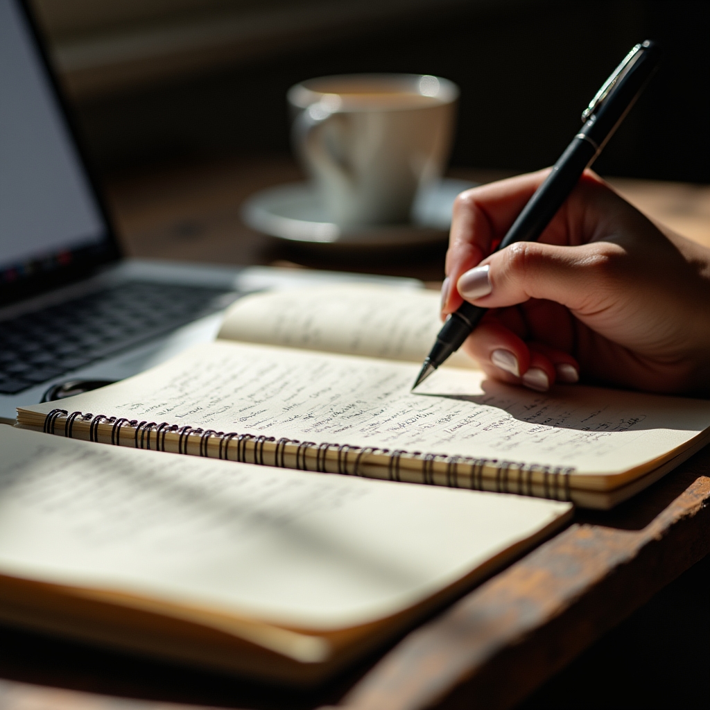 A notebook open next to a laptop with handwritten notes about a completed project